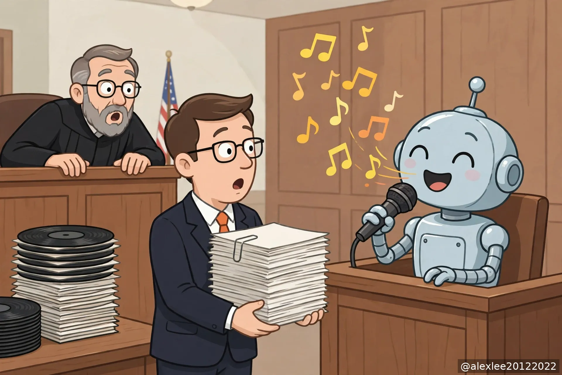 A robot cheerfully singing into a microphone in the witness stand, while the judge and the lawyer stare