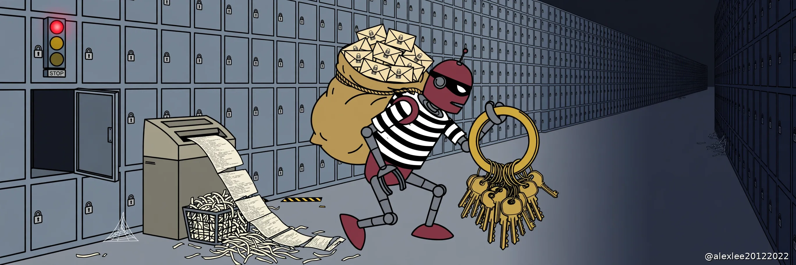 A cartoon thief carrying a ring of stolen keys toward a row of repository doors