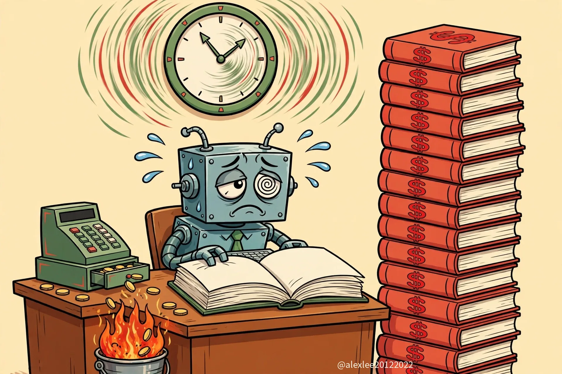A dizzy robot re-typing the same enormous book under a spinning clock, while the cash register burns money