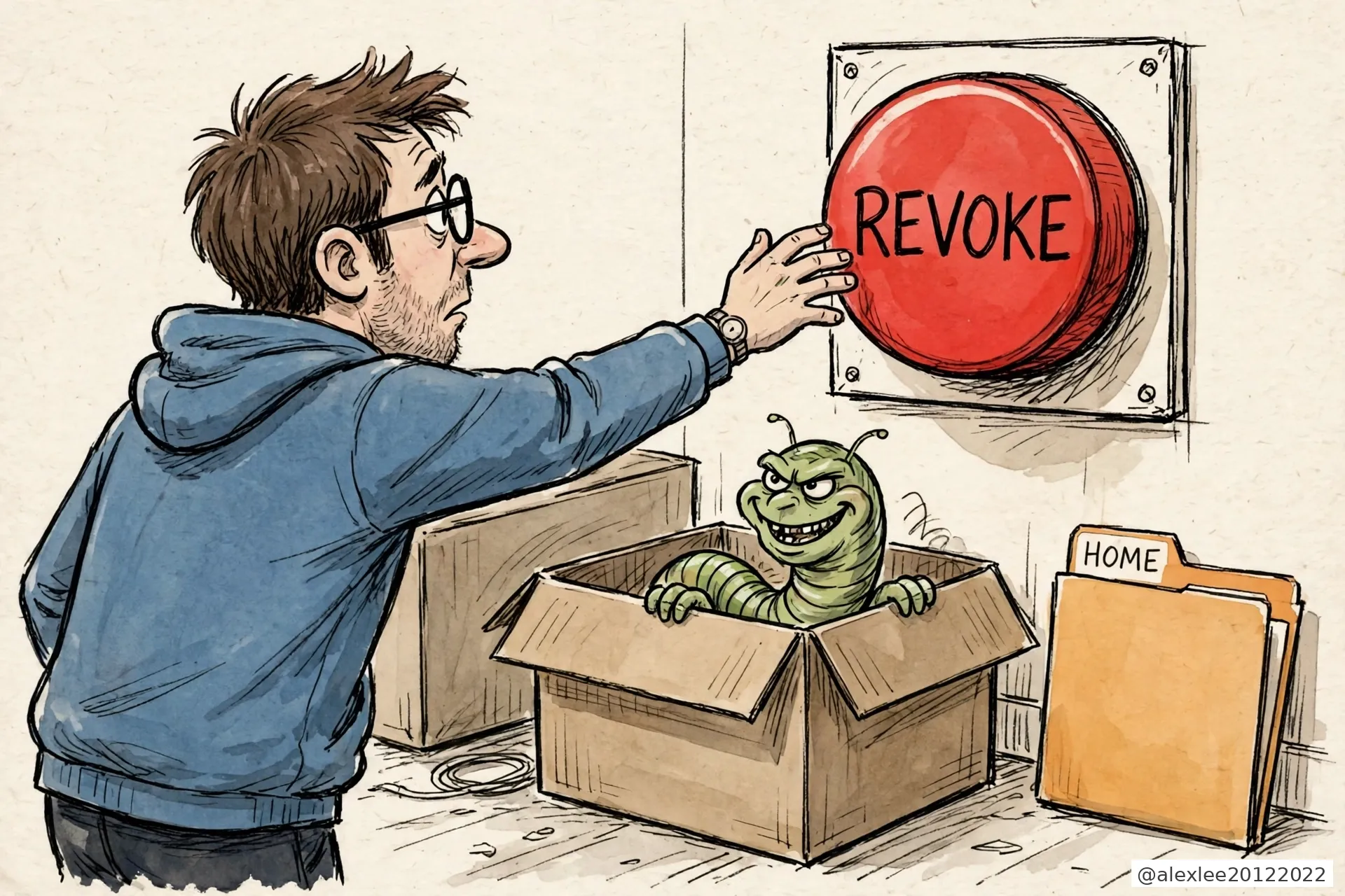 Cartoon: the testmetest worm waiting beside a developer's machine for the token to be revoked